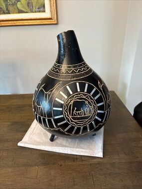 East African Calabash Art Hand Carved Gourd Hausa Rhino And Elephant /  Kenya